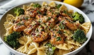 Cowboy Butter Lemon Bowtie Chicken with Broccoli A white pasta bowl filled with Cowboy Butter lemon bowtie chicken and vibrant green broccoli florets. The farfalle pasta is coated in a glossy garlic butter sauce, topped with fresh parsley, chives, and a sprinkle of Parmesan cheese