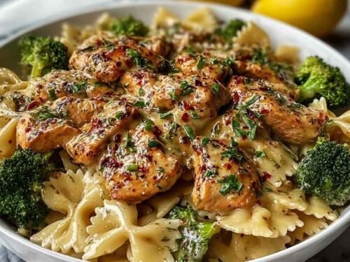 A white pasta bowl filled with Cowboy Butter lemon bowtie chicken and vibrant green broccoli florets. The farfalle pasta is coated in a glossy garlic butter sauce, topped with fresh parsley, chives, and a sprinkle of Parmesan cheese