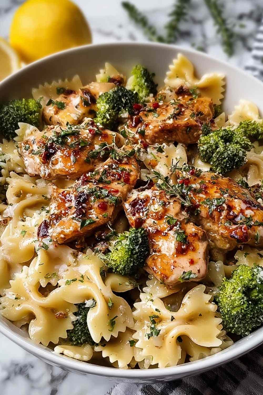 A white pasta bowl filled with Cowboy Butter lemon bowtie chicken and vibrant green broccoli florets. The farfalle pasta is coated in a glossy garlic butter sauce, topped with fresh parsley, chives, and a sprinkle of Parmesan cheese
