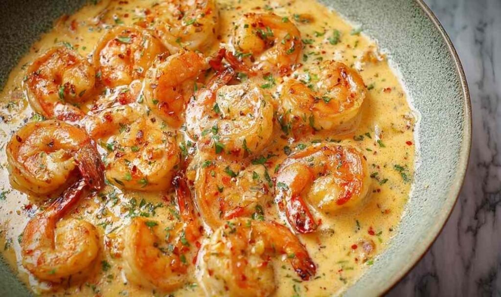 Creamy Garlic Shrimp in a skillet with Parmesan garlic sauce and fresh parsley garnish