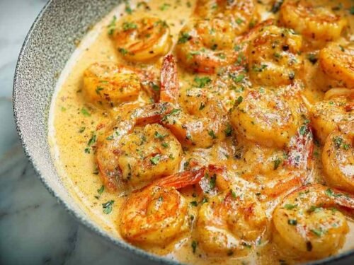 Creamy Garlic Shrimp in a skillet with Parmesan garlic sauce and fresh parsley garnish