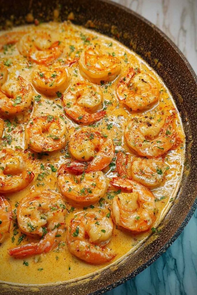 Creamy Garlic Shrimp in a skillet with Parmesan garlic sauce and fresh parsley garnish