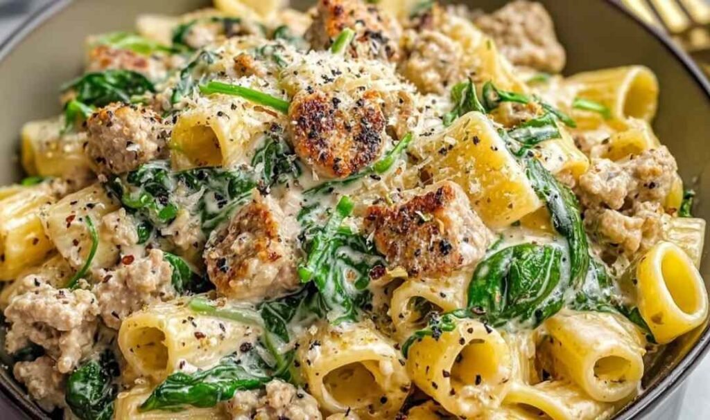 Creamy Ground Turkey Spinach Pasta in a large skillet with penne, wilted spinach, and Parmesan cream sauce