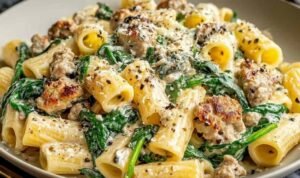 Creamy Ground Turkey Spinach Pasta in a large skillet with penne, wilted spinach, and Parmesan cream sauce