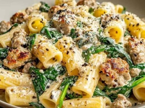 Creamy Ground Turkey Spinach Pasta in a large skillet with penne, wilted spinach, and Parmesan cream sauce