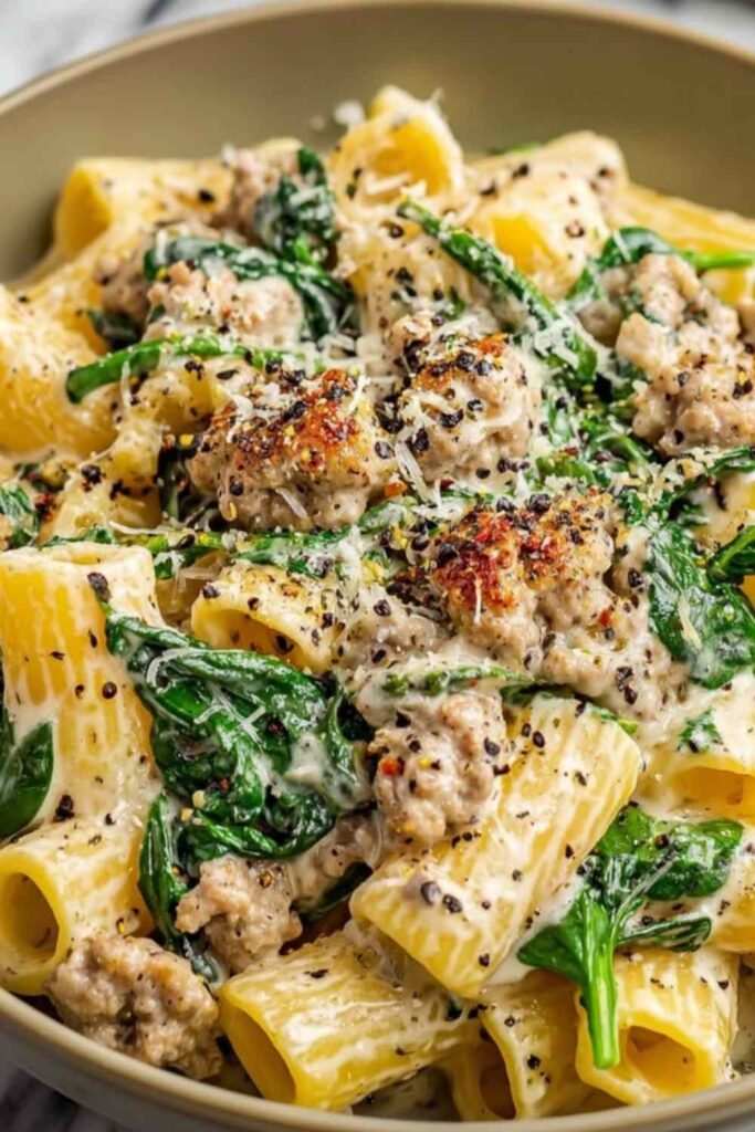 Creamy Ground Turkey Spinach Pasta in a large skillet with penne, wilted spinach, and Parmesan cream sauce