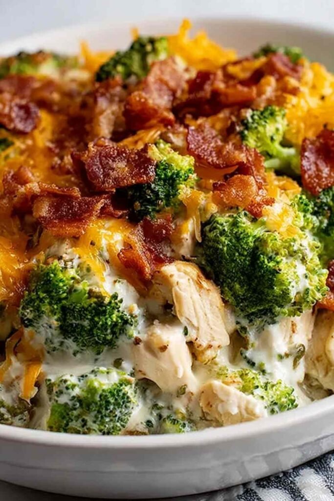 Creamy low carb chicken casserole with broccoli and bacon topped with golden melted cheddar and mozzarella in a 9x13 baking dish