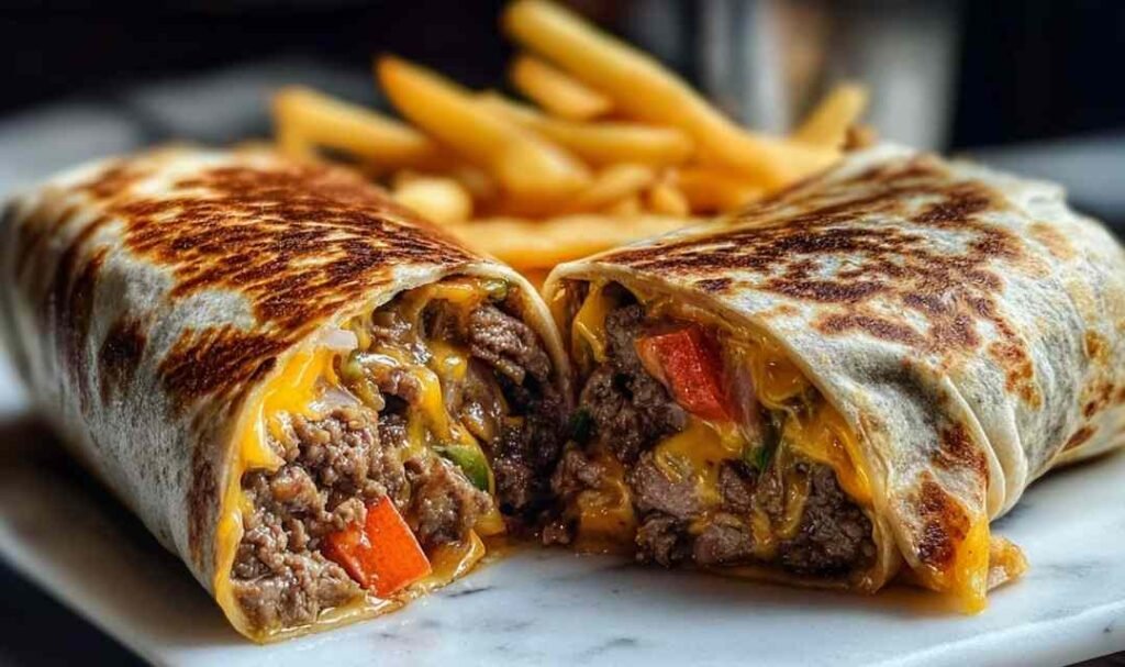 Creamy Philly cheesesteak wrap sliced in half showing tender steak filling with homemade cheese sauce drizzled on top