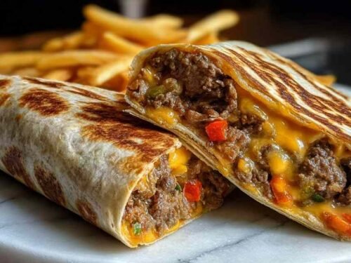 Creamy Philly cheesesteak wrap sliced in half showing tender steak filling with homemade cheese sauce drizzled on top