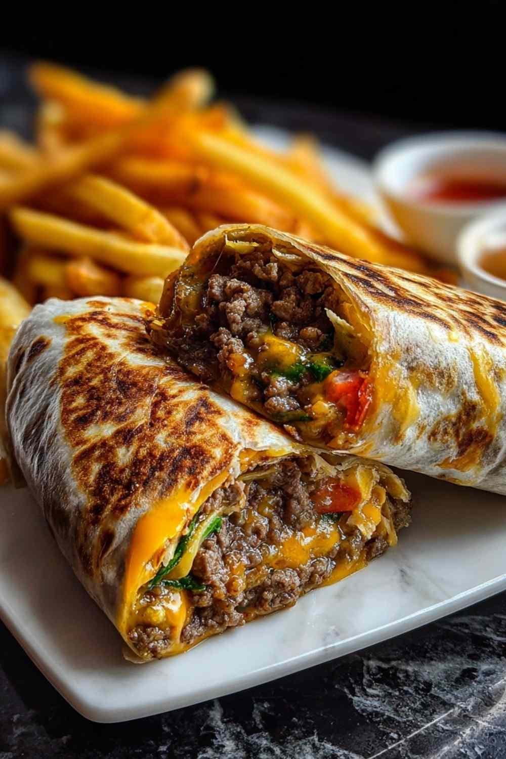 Creamy Philly cheesesteak wrap sliced in half showing tender steak filling with homemade cheese sauce drizzled on top