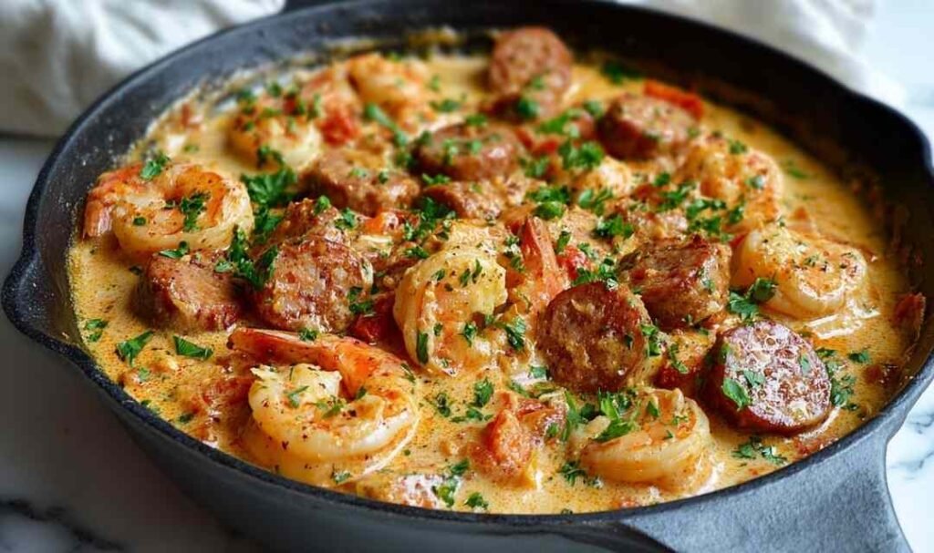 Keto shrimp and sausage skillet with creamy Cajun sauce and bell peppers in a cast iron pan