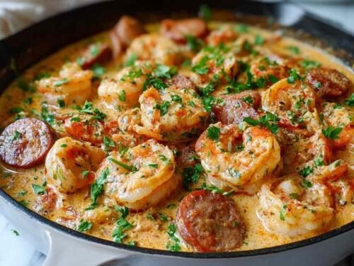 Keto shrimp and sausage skillet with creamy Cajun sauce and bell peppers in a cast iron pan