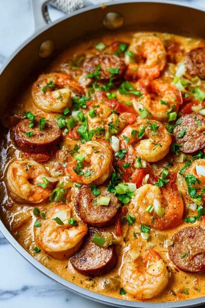 Keto shrimp and sausage skillet with creamy Cajun sauce and bell peppers in a cast iron pan