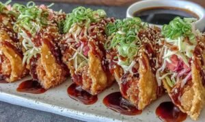 Crispy Chicken Wonton Tacos Crispy chicken wonton tacos with teriyaki glaze on white plate showing golden wonton shells with chicken and toppings