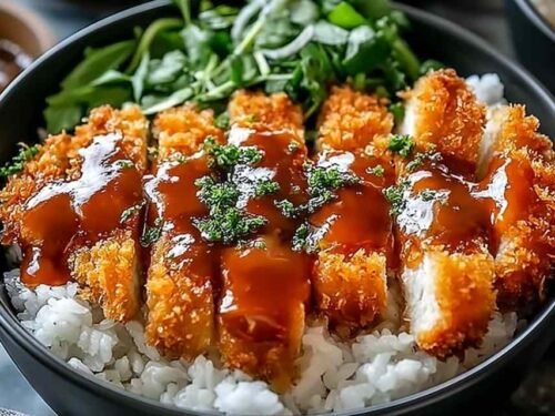Japanese Katsu Bowls with Tonkatsu Sauce showing golden crispy panko chicken cutlet sliced over fluffy white rice with shredded cabbage, green onions, and homemade tonkatsu sauce drizzled on top