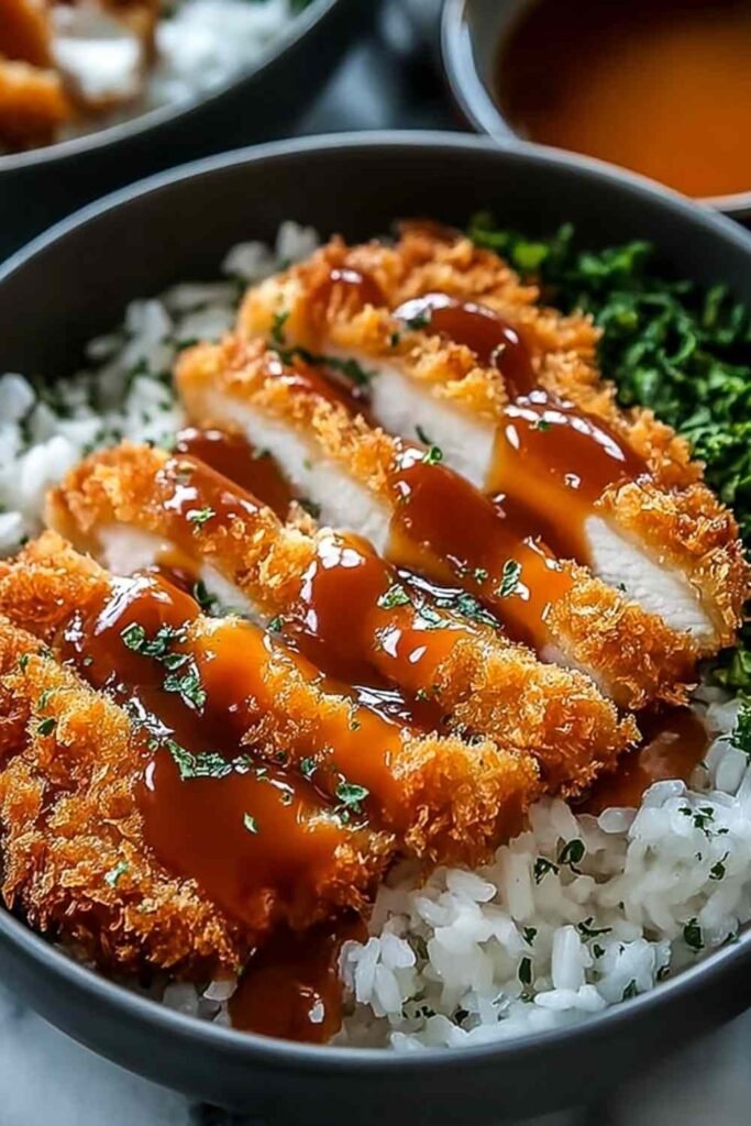 Japanese Katsu Bowls with Tonkatsu Sauce showing golden crispy panko chicken cutlet sliced over fluffy white rice with shredded cabbage, green onions, and homemade tonkatsu sauce drizzled on top