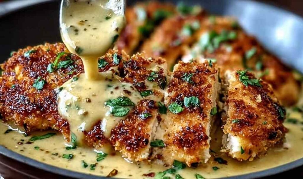 Crispy Parmesan chicken with garlic sauce in a skillet with golden seared chicken and creamy garlic Parmesan sauce