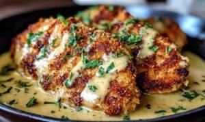 Crispy Parmesan Chicken with Garlic Sauce Crispy Parmesan chicken with garlic sauce in a skillet with golden seared chicken and creamy garlic Parmesan sauce
