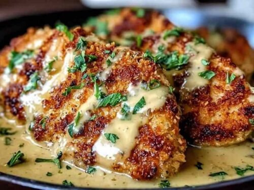 Crispy Parmesan chicken with garlic sauce in a skillet with golden seared chicken and creamy garlic Parmesan sauce