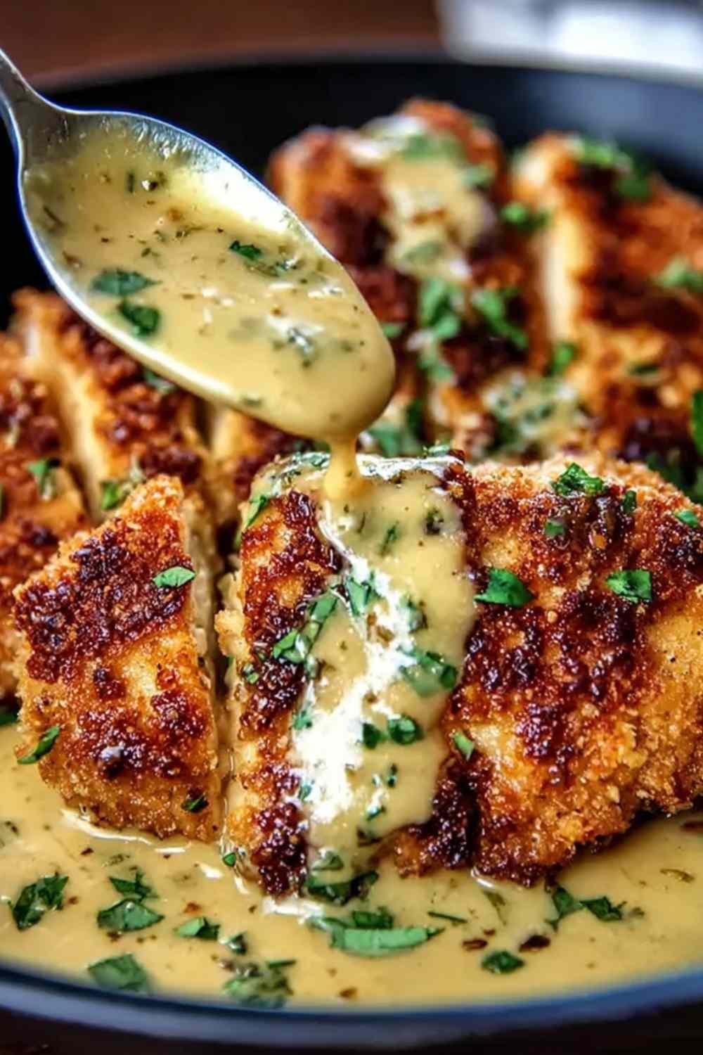 Crispy Parmesan chicken with garlic sauce in a skillet with golden seared chicken and creamy garlic Parmesan sauce