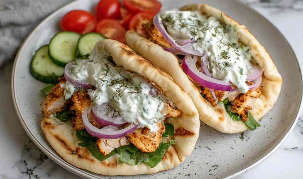 Crockpot Greek Chicken Pitas with Tzatziki filled with shredded chicken, cucumbers, tomatoes, and feta cheese