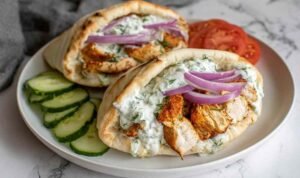 Crockpot Greek Chicken Pitas with Tzatziki filled with shredded chicken, cucumbers, tomatoes, and feta cheese