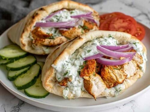 Crockpot Greek Chicken Pitas with Tzatziki filled with shredded chicken, cucumbers, tomatoes, and feta cheese