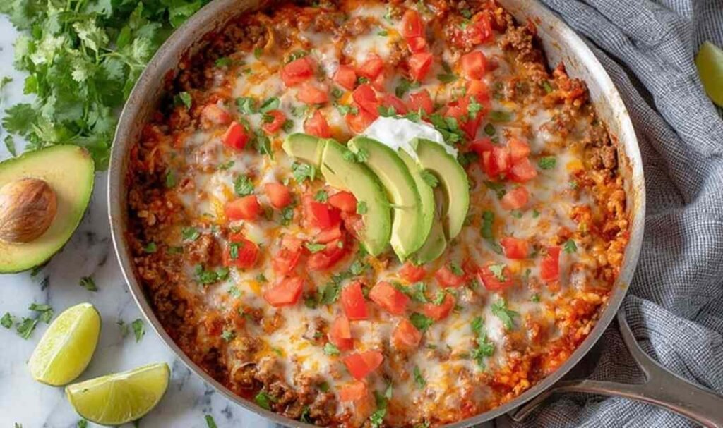 One pot taco skillet with ground beef, melted cheddar, and sliced avocado garnish in a large saute pan