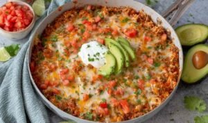One Pot Taco Skillet One pot taco skillet with ground beef, melted cheddar, and sliced avocado garnish in a large saute pan