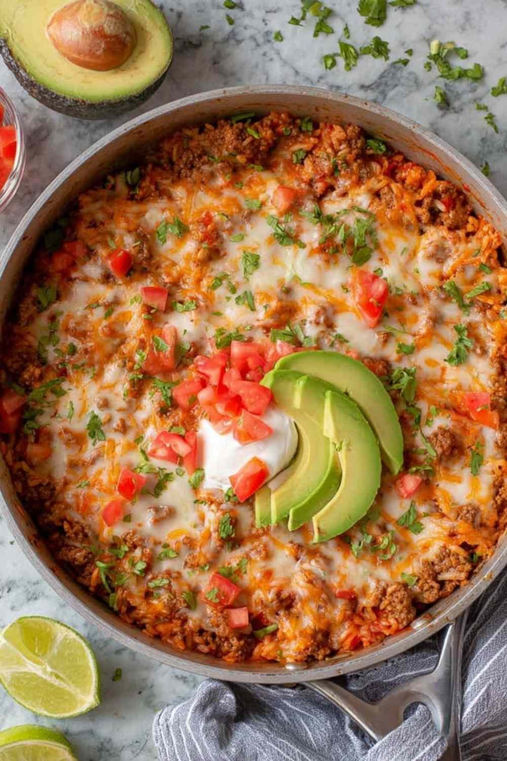 One pot taco skillet with ground beef, melted cheddar, and sliced avocado garnish in a large saute pan