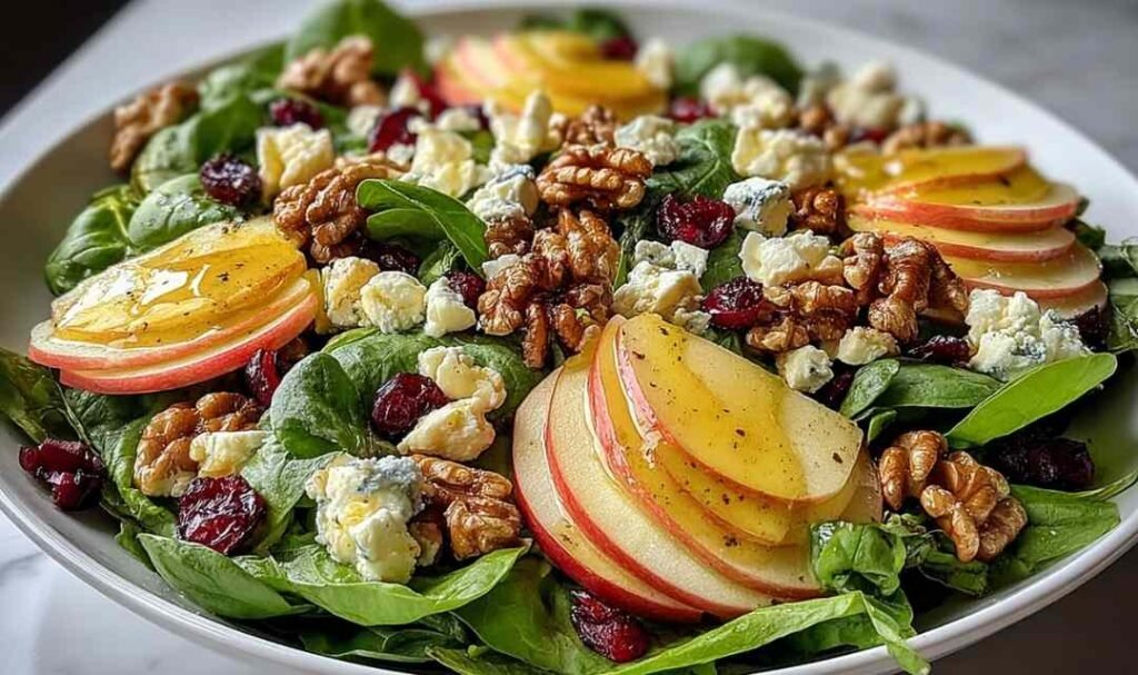 Fresh walnut apple salad with mixed greens cranberries and goat cheese in white bowl