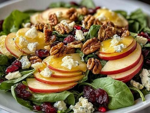 Fresh walnut apple salad with mixed greens cranberries and goat cheese in white bowl
