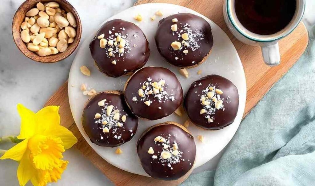 High Protein Frozen Peanut Butter Greek Yogurt Bites coated in dark chocolate with flaky sea salt on parchment paper