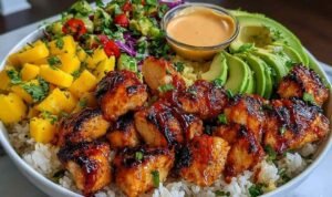 Grilled maple sriracha chicken bites bowl with coconut rice, mango avocado salsa, and chili mayo drizzle in a white bowl