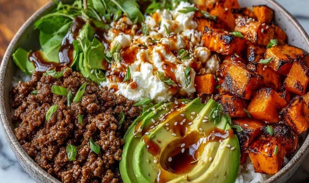 Ground beef hot honey bowl with roasted sweet potatoes, cottage cheese, sliced avocado, and hot honey drizzle in a white bowl