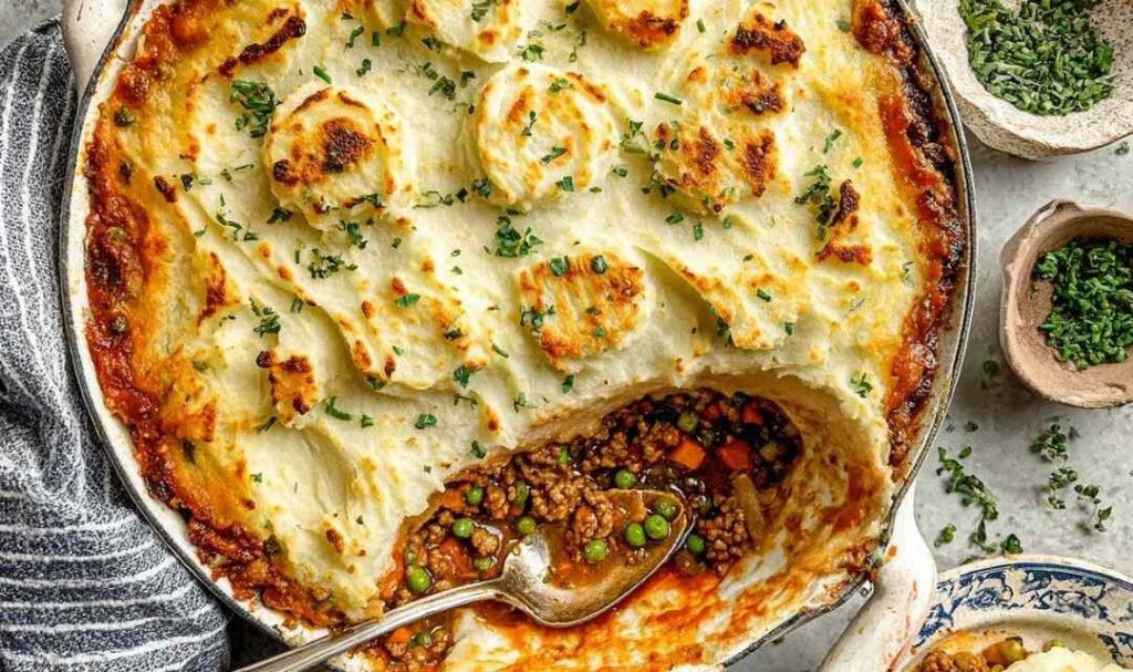 Ground turkey cottage pie in a cast iron skillet with mashed potato topping and Parmesan before baking