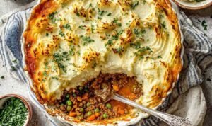 Ground Turkey Cottage Pie Ground turkey cottage pie in a cast iron skillet with mashed potato topping and Parmesan before baking