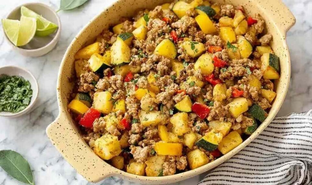 Ground turkey hash with zucchini, bell peppers, yellow squash, and a runny fried egg garnished with fresh parsley