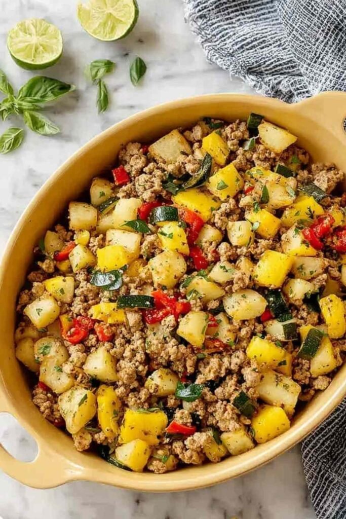 Ground turkey hash with zucchini, bell peppers, yellow squash, and a runny fried egg garnished with fresh parsley