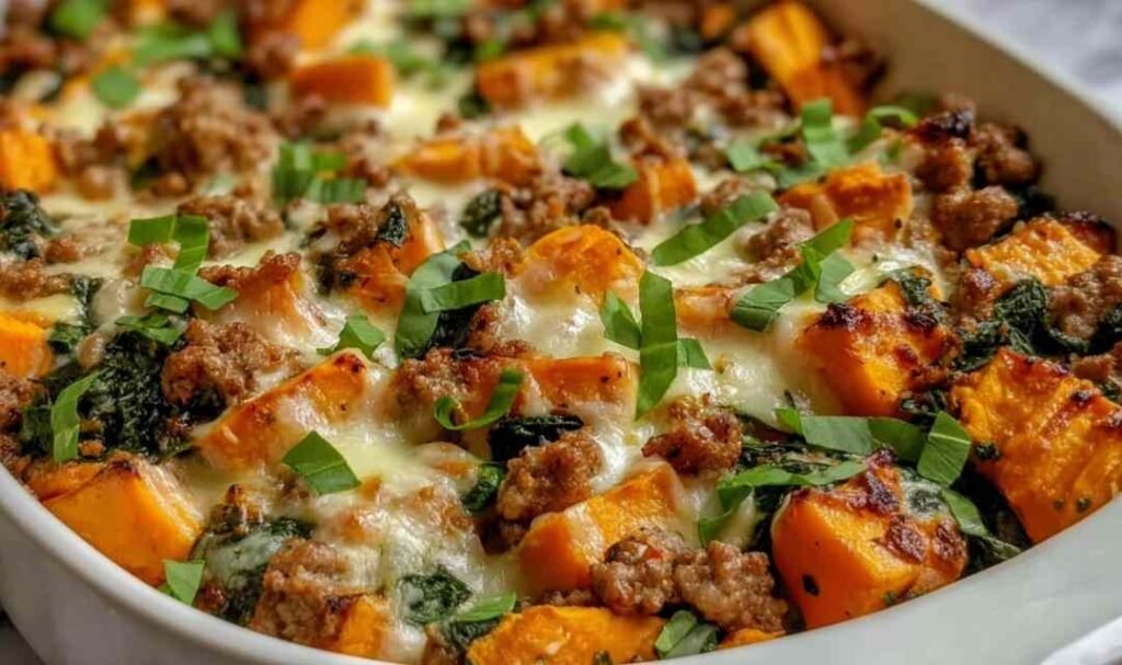 Ground turkey sweet potato bake fresh out of the oven with golden melted cheese on top