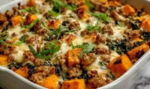 Ground turkey sweet potato bake fresh out of the oven with golden melted cheese on top