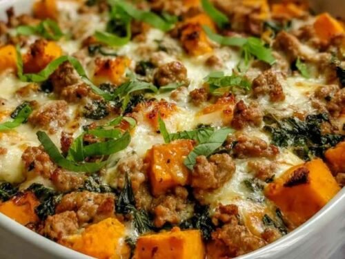Ground turkey sweet potato bake fresh out of the oven with golden melted cheese on top