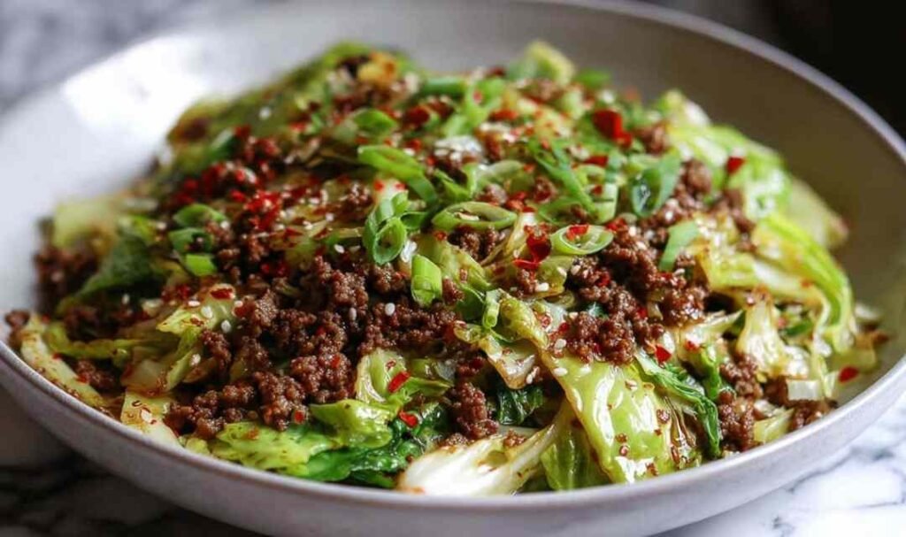 Chinese ground beef cabbage stir fry with sesame seeds and green onions served in a large skillet