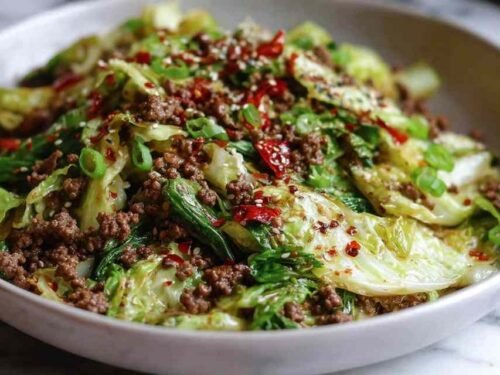 Chinese ground beef cabbage stir fry with sesame seeds and green onions served in a large skillet