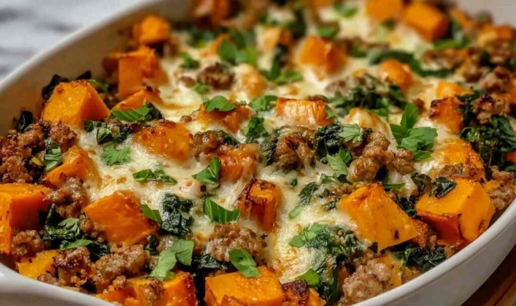 Ground turkey sweet potato bake with melted cheddar and roasted vegetables in a baking dish