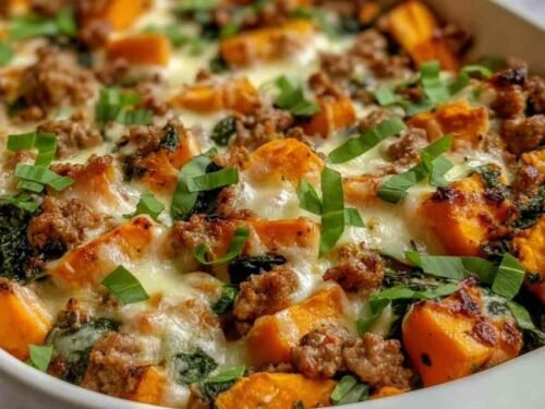 Ground turkey sweet potato bake with melted cheddar and roasted vegetables in a baking dish