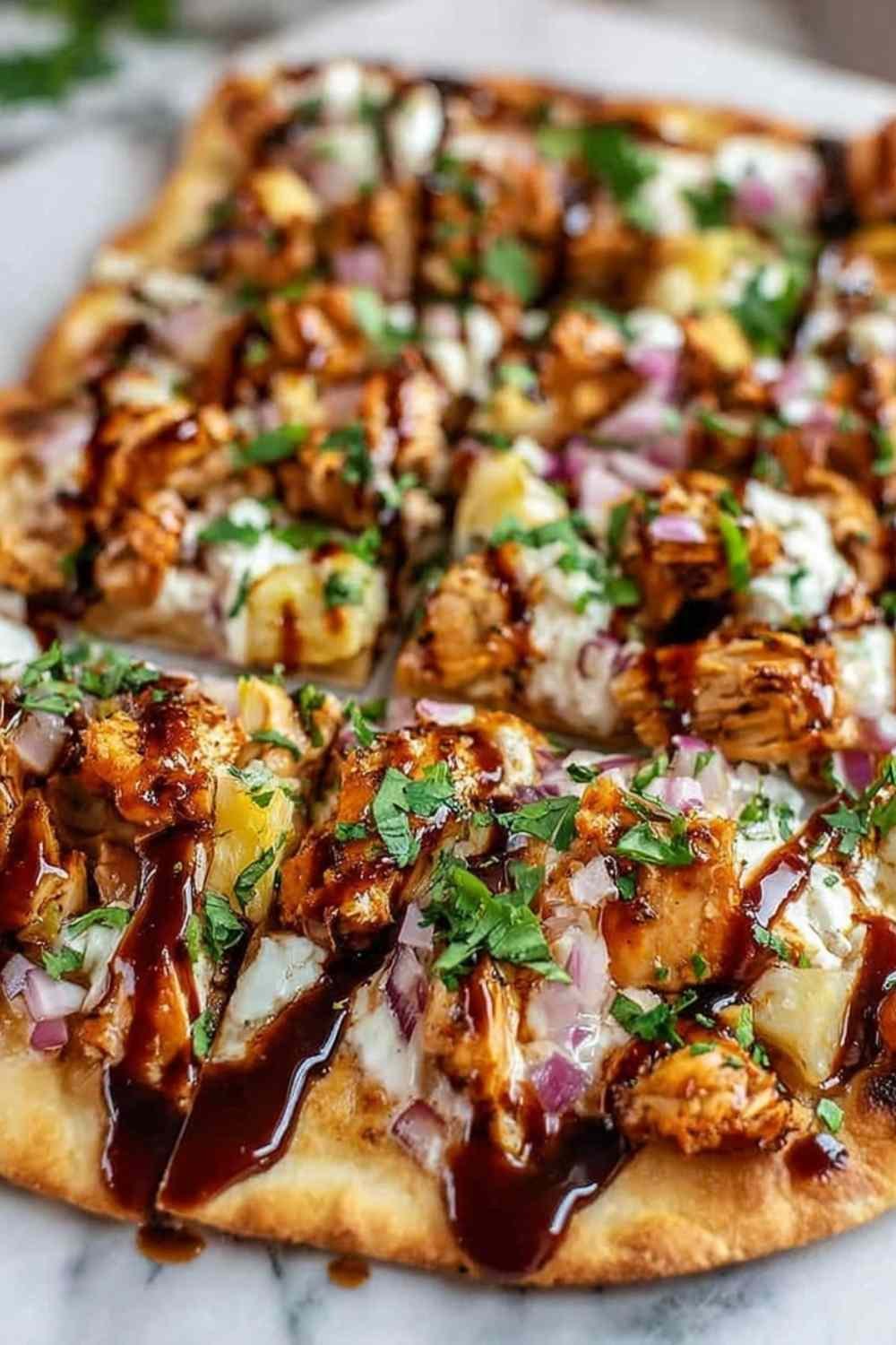 BBQ chicken flatbread with melted Colby Jack cheese bell peppers and green onions on baking sheet
