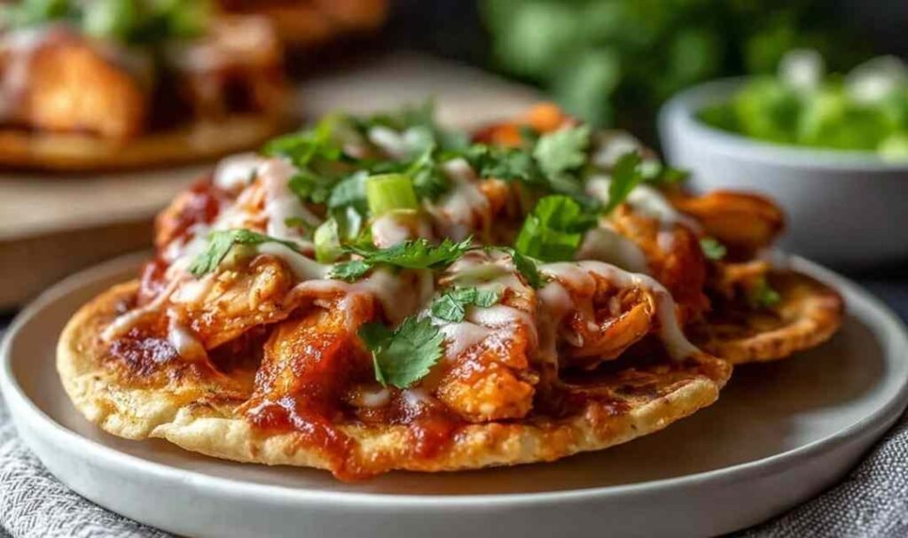 Four high-protein BBQ chicken flatbreads on a baking sheet with golden melted cheese, shredded chicken in BBQ sauce, red onion, and fresh cilantro