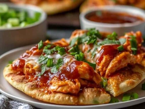 Four high-protein BBQ chicken flatbreads on a baking sheet with golden melted cheese, shredded chicken in BBQ sauce, red onion, and fresh cilantro