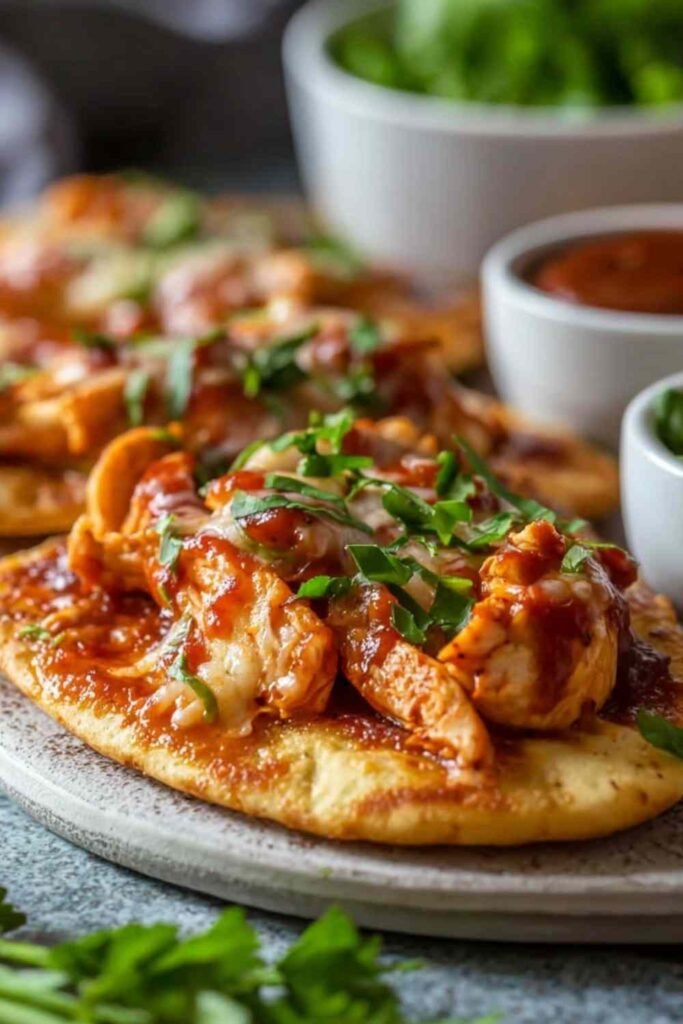 Four high-protein BBQ chicken flatbreads on a baking sheet with golden melted cheese, shredded chicken in BBQ sauce, red onion, and fresh cilantro